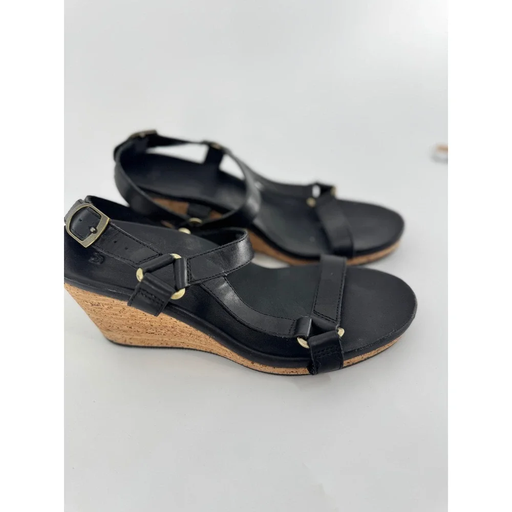Teva Arrabelle Wedge Sandals‎ Women Size 7 Black Leather Cork Heel Strappy